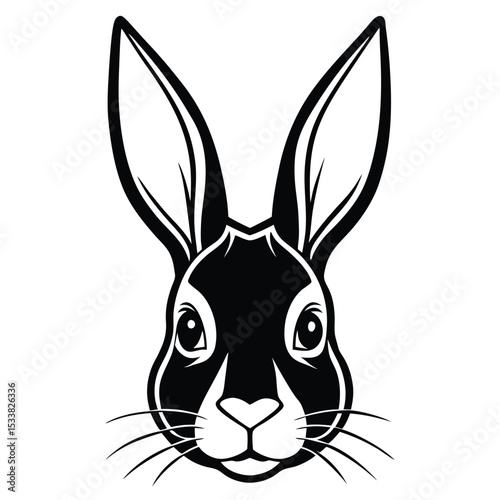 Isolated monochrome rabbit portrait with long ears and whiskers facing the viewer directly