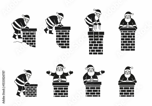 Santa climbing down chimney icon set