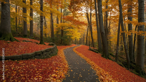 Winding Autumn Forest Path with Vibrant Fall Foliage