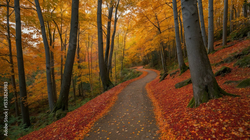 Winding Autumn Forest Path with Vibrant Fall Foliage