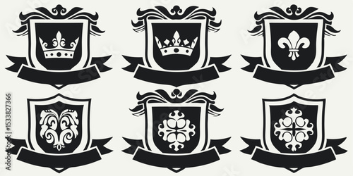 Collection of six heraldic shields with crowns fleur de lis and decorative elements in black and white design