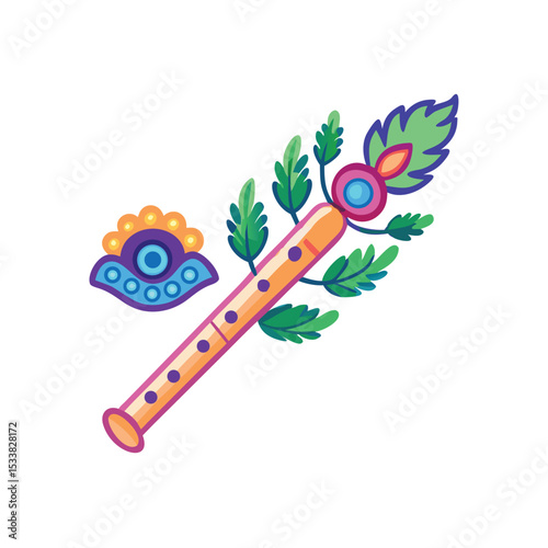 Krishna's flute adorned with flowers and leaves festive indian design