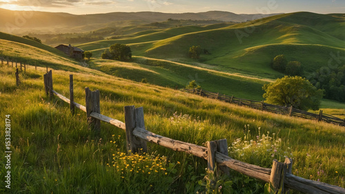 Rolling Green Hills Bathed in Golden Hour Sunlight with Wildflowers