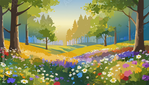 Sunlit Forest Clearing with Colorful Wildflowers in Bloom
