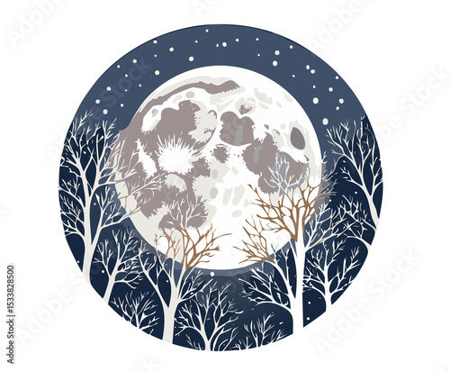 Bright Full Moon Glowing Behind Silhouetted Bare Tree Branches
