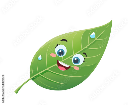 Smiling Cartoon Green Leaf with Dewdrop on White Background