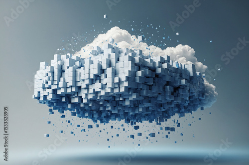3D Render of Floating Cloud Composed of Digital Cubes in the Sky