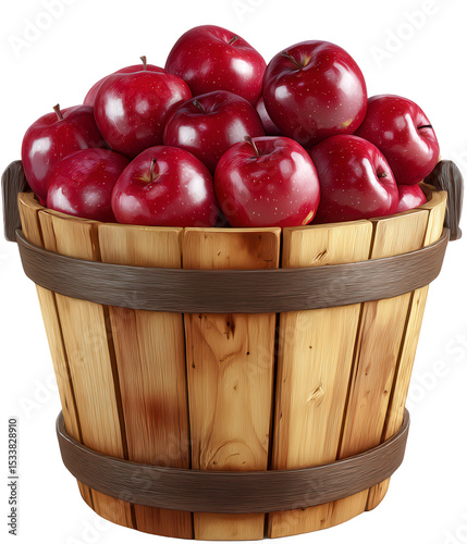 Wooden Bucket Overflowing with Fresh Red Apples on a Transparent Background