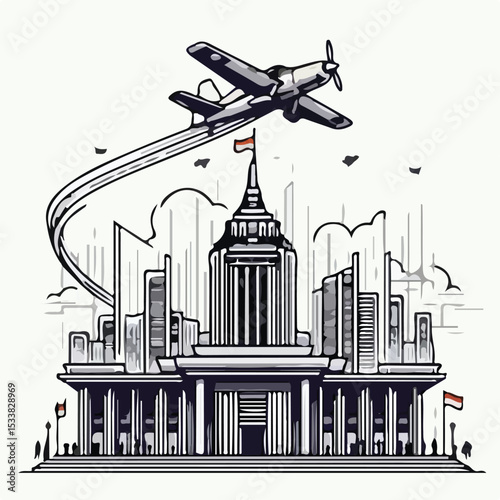 Airplane acrobatics at the Republic of Indonesia State Palace with a simple and minimalist flat design using a white background