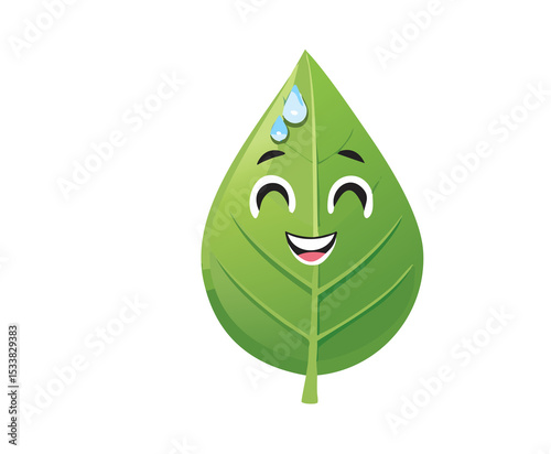 Smiling Cartoon Green Leaf with Dewdrop on White Background