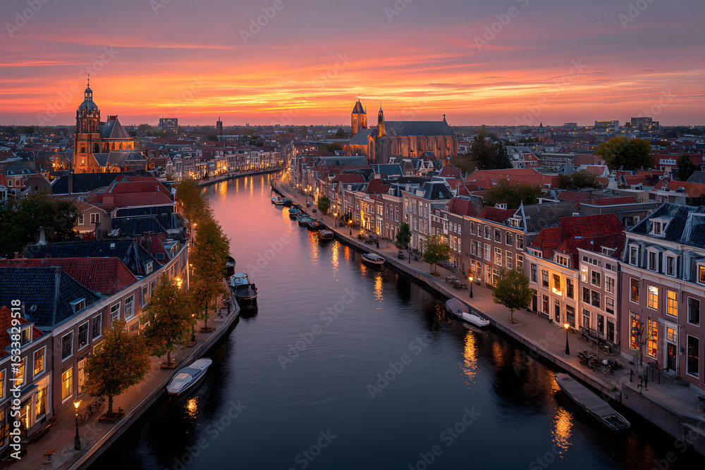 Obraz premium Urban View. Aerial Cityscape at Blue Hour in Leiden, Netherlands with Stunning Sunset Skyline