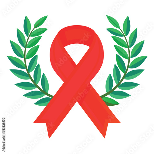 Red Ribbon with Green Laurel Wreath Symbol of Awareness and Support
