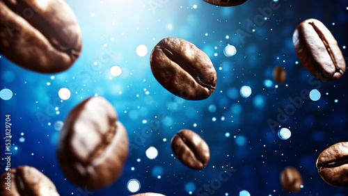 Mesmerizing 3D Illustration of Floating Coffee Beans in Starry Blue Background