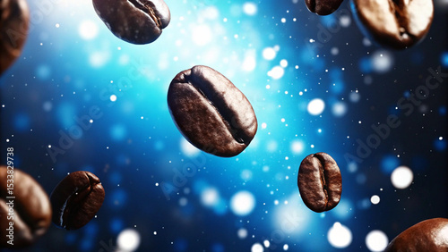 Mesmerizing 3D Illustration of Floating Coffee Beans in Starry Blue Background