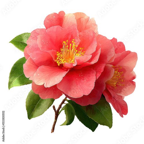 Peach-Colored Camellia Flowers with Leaves Isolated on White