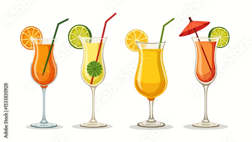 Colorful summer cocktails with garnishes and straws, ideal for bar menu designs, summer parties, tropical drinks, or holiday promotions.