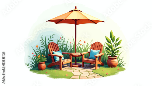 Cozy garden seating area with umbrella and wooden chairs, perfect summer relaxation spot.