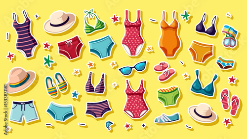 Colorful swimwear and beach accessories set on yellow background, perfect for summer design.
