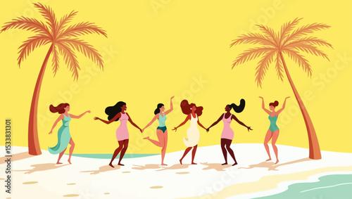 Women dancing and having fun on the beach under palm trees, joyful summer scene.