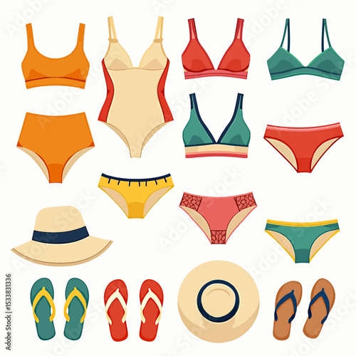 Colorful flat design of bikinis, swimwear, hats and flip flops for summer clothing collection.