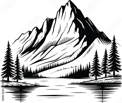 Majestic Mountain Peak and Serene Lake A Black and White Vector Illustration