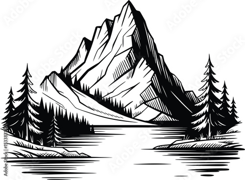 Majestic Mountain Peak and Serene Lake A Black and White Illustration Vector Graphic