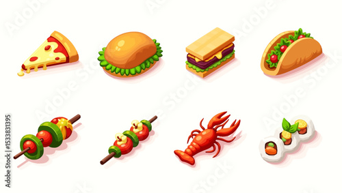 Delicious summer food icons including pizza, burger, taco, sushi, lobster and grilled skewers.