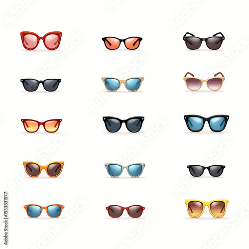 Collection of fashionable sunglasses in different shapes and colors, perfect for summer style and accessory use.