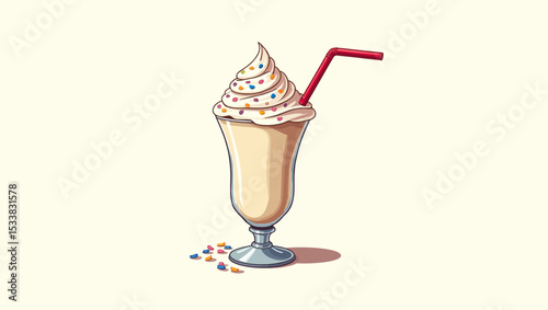 Vanilla milkshake with sprinkles in a glass cup and red straw, sweet and creamy summer beverage.