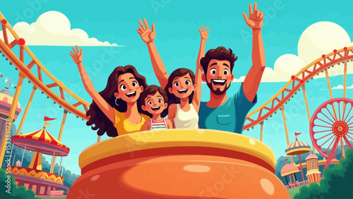 Cheerful family enjoying a roller coaster ride together in a colorful amusement park scene.