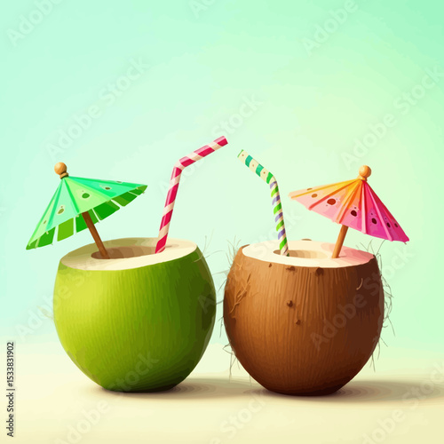 Two tropical coconuts with colorful straws and umbrellas, perfect for refreshing summer beach drinks.