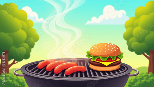Outdoor grill with sausages and a burger cooking in a sunny garden, representing summer barbecue fun.
