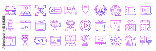Cinema movie film entertainment theatre video production vector line icons set