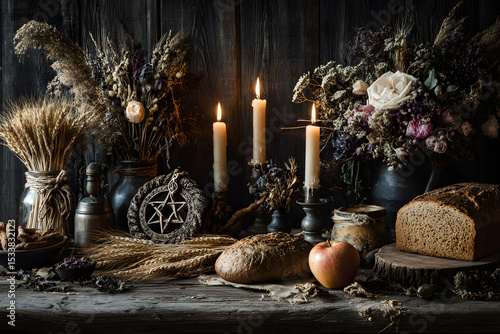 Wiccan Altar for Lammas, Lughnasadh pagan holiday. wheel of the year with ears of wheat, amulet, bread, flowers, apple, candle on dark wooden background. symbol of celtic wiccan sabbath, summer season