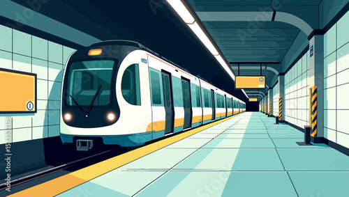 Modern subway train waiting in an underground station with clean tiles and directional signs.