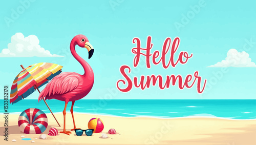 A pink flamingo stands on a sunny beach with umbrella and summer items, next to the text “Hello Summer.”