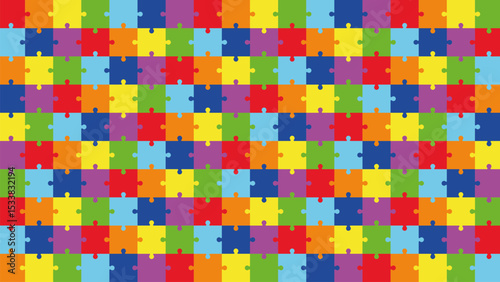 Colorful Puzzle Pattern Background. Bright Jigsaw Tiles in Rainbow Colors. Education, Autism Awareness, Kids Logic Game, Preschool Play, Matching Activity, Puzzle Template for Design.