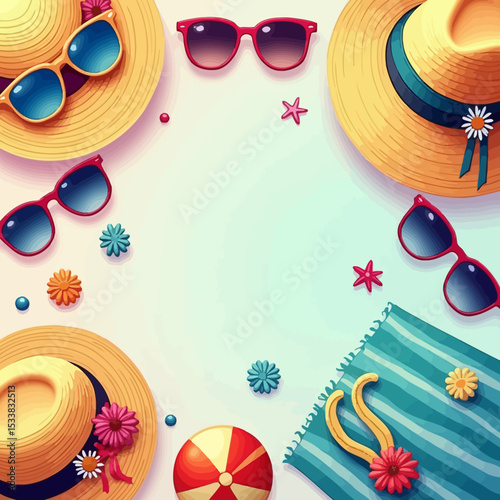  A flat lay summer composition with beach hats, sunglasses, beach ball and decorations arranged around a blank space.