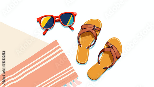 A minimal summer flat lay with striped towel, sunglasses, and flip-flops on a white background.