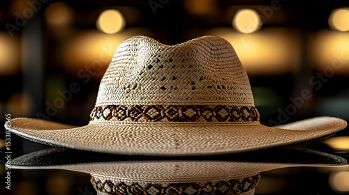 Elegant Beige Straw Cowboy Hat with Intricate Band - Product Photography