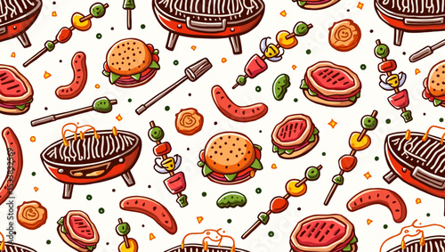  A seamless barbecue pattern with grilled meat, sausages, burgers, skewers, and grills on white.