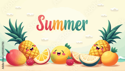 Kawaii-style tropical fruits with happy faces under the word “Summer”, ideal for kids' summer themes and seasonal illustrations.