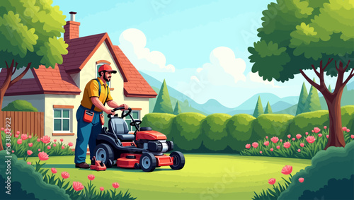 Man mowing the lawn with a ride-on mower in front of a house, illustrating gardening, yard work, and outdoor maintenance themes.