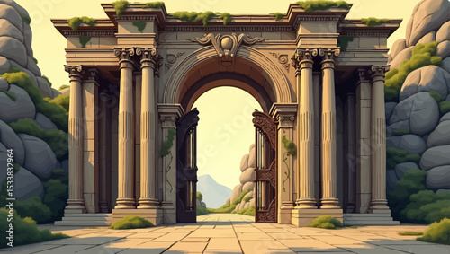 Ancient stone arch gate with open doors surrounded by cliffs, perfect for fantasy, historical, or adventure-themed vector illustrations.