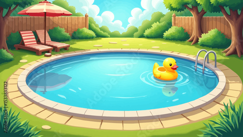 Cartoon backyard swimming pool with umbrella and inflatable duck, perfect for summer, leisure, and vacation themes.