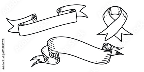 Hand Drawn Ribbon Banners and Awareness Ribbon Illustration in Black and White