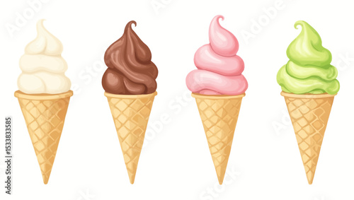 Four ice cream cones with different flavors in a row, ideal for summer themes, dessert visuals, or food-related designs.