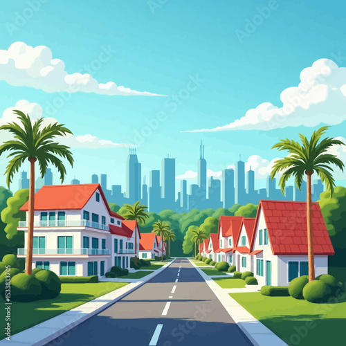 Tropical suburban neighborhood with palm trees and skyline in background, perfect for real estate, summer living, or travel themes.