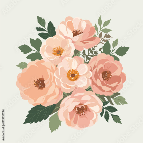 Delicate Peach and Green Floral Bouquet Illustration