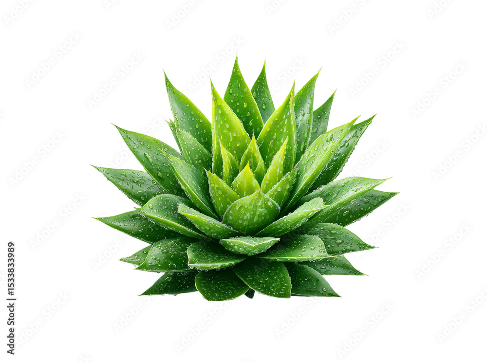 Fototapeta premium Lush green aloe vera plant with water droplets isolated on black background, Isolated On Transparent Background